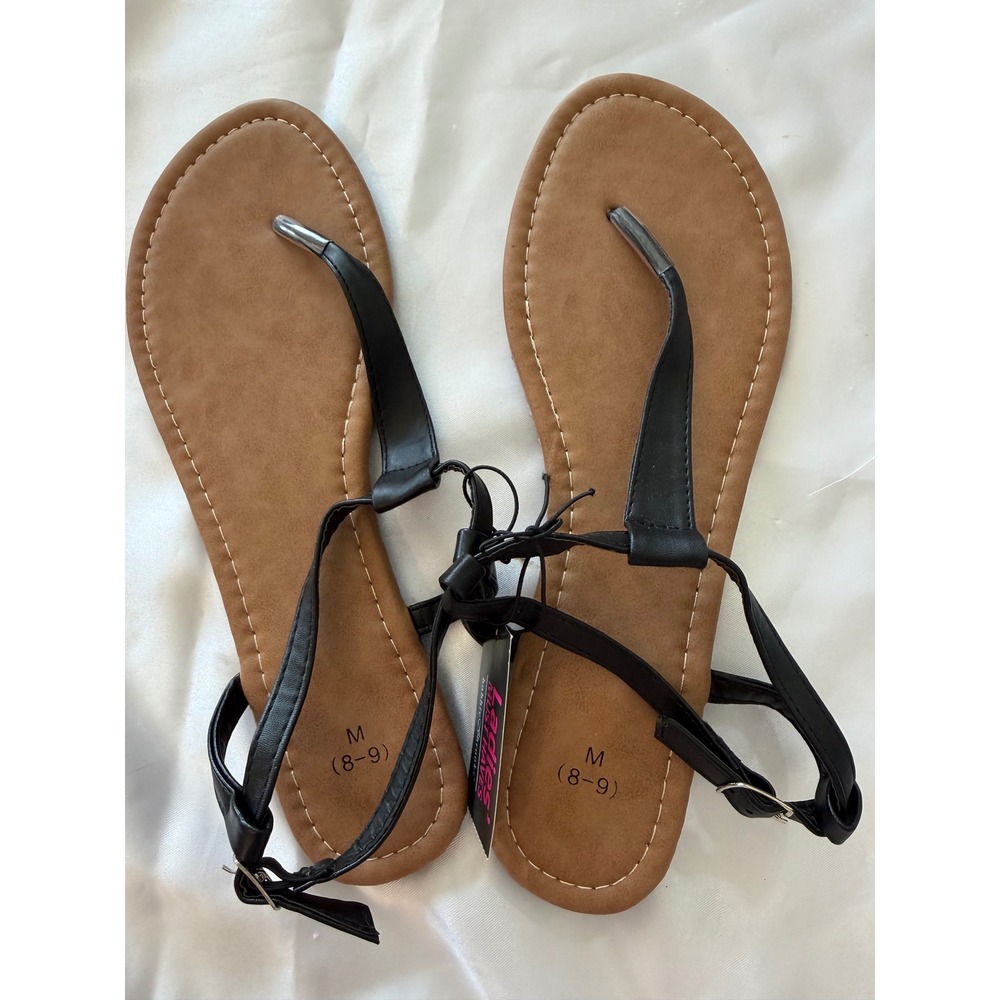 Bobbie Brooks Black Vegan Leather Thong Sandals Ankle Strap Flat Shoes M 8-9